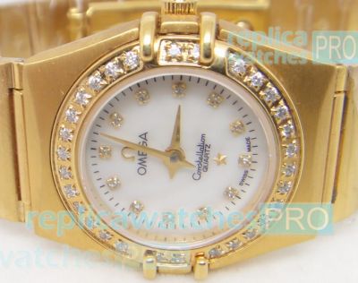 Replica Omega Constellation White Dial Gold Diamond Bezel Watch